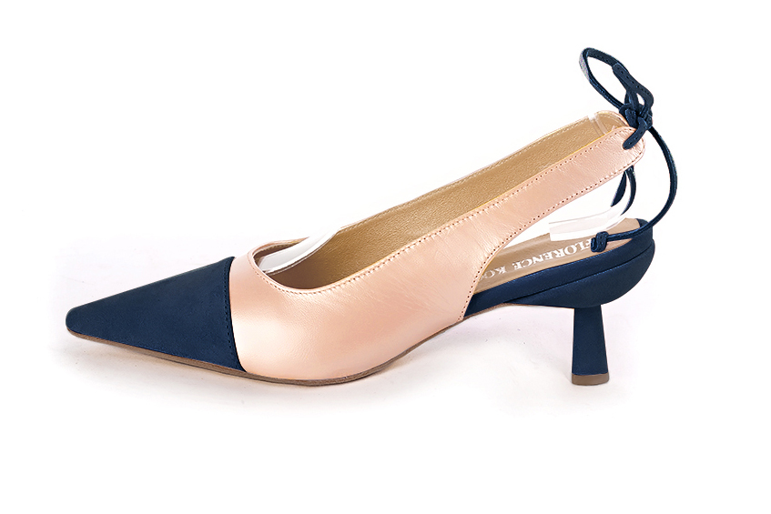 Navy blue and powder pink women's slingback shoes. Pointed toe. Medium spool heels. Profile view - Florence KOOIJMAN